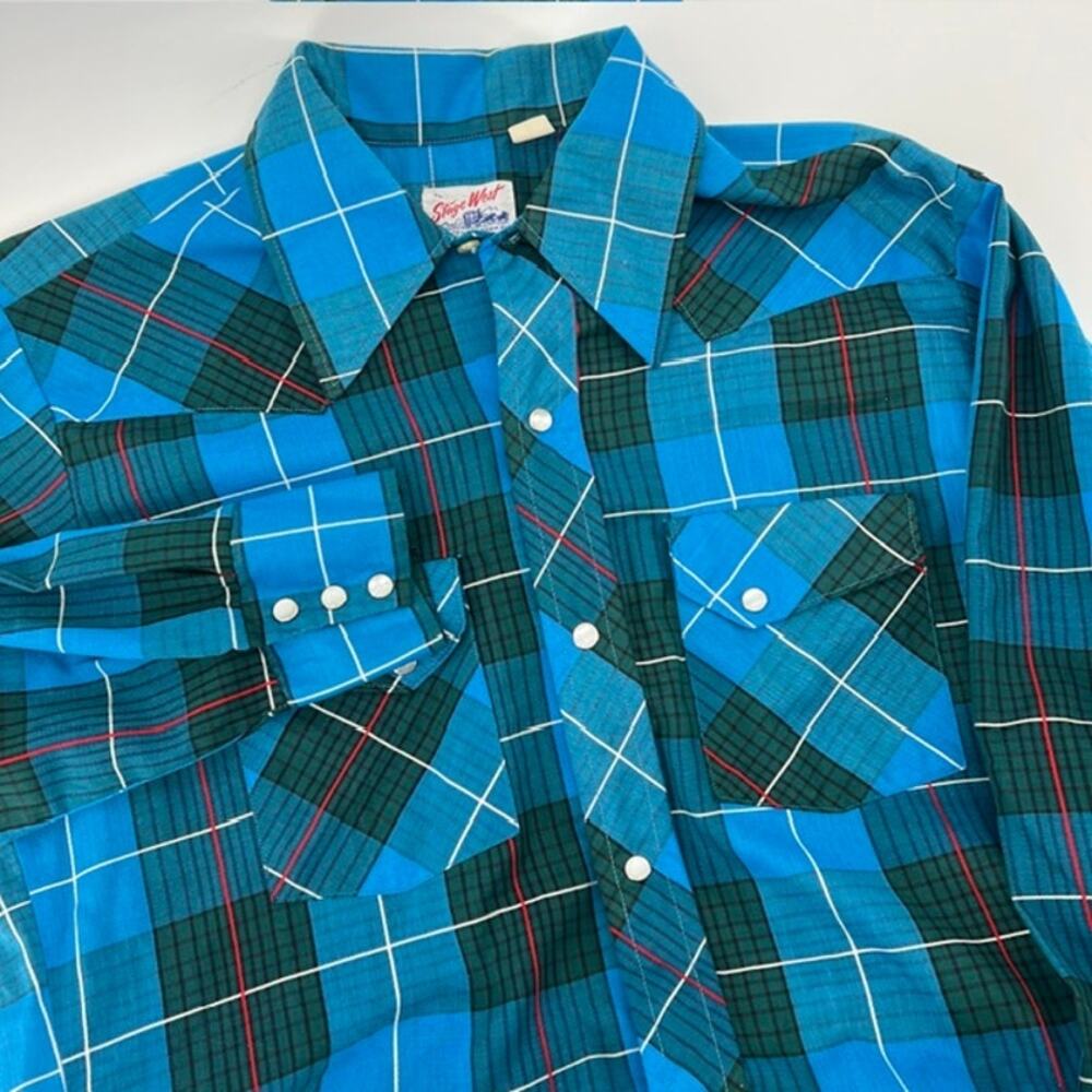 VTG 80s Stage West Snap Front Western Shirt Men M Blue Plaid Long Tail CowboyUSA